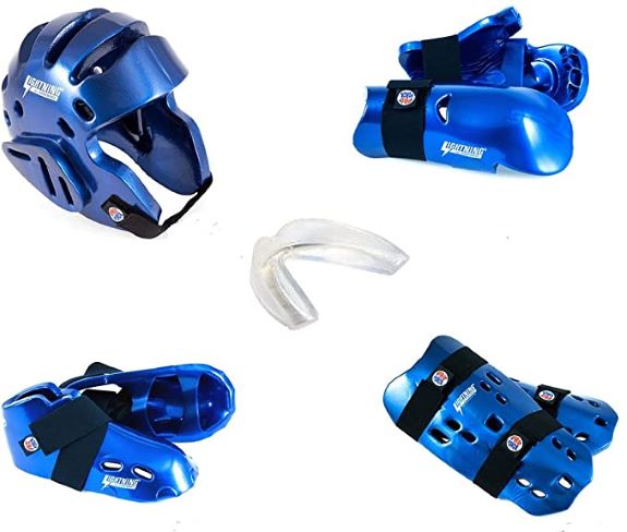 Karate Taekwondo Sparring Gear Set Helmet w/ Shield Hand Foot Mouth Blue New 